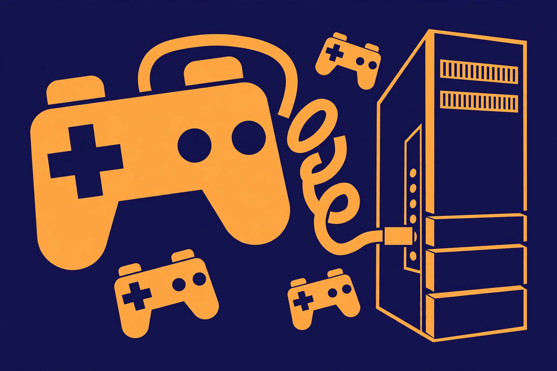 Bold duotone illustration of retro game controllers plugging into a desktop PC tower