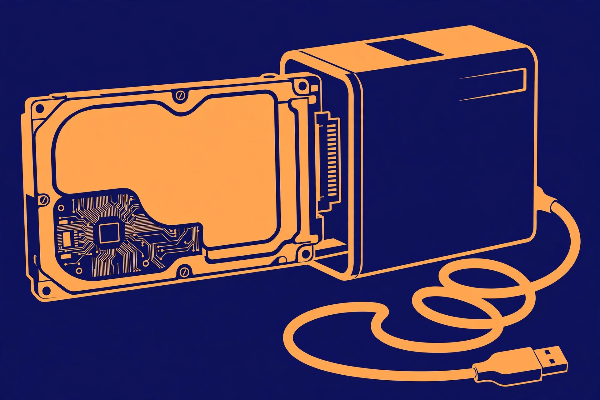 Bold duotone illustration of a bare hard drive sliding into an external enclosure with a USB cable