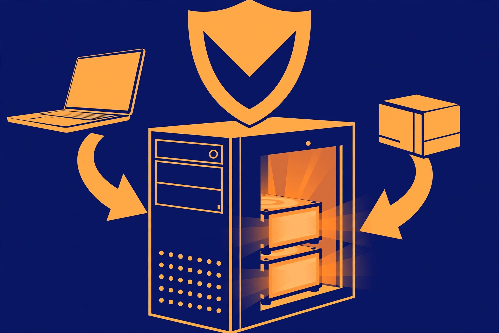 Bold duotone illustration of an old desktop tower with two drives, receiving backups from a laptop